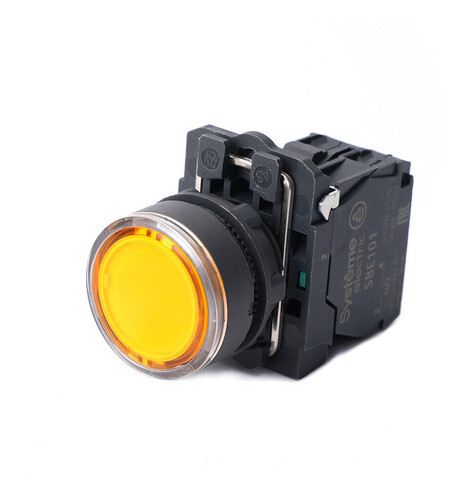 Кнопка SB5 с подсветкой в сборе модульная 22мм желтая пластик 24ВDC 1НО, SB5AW35B1