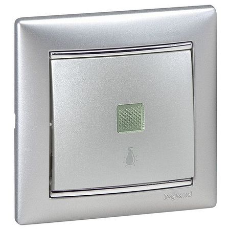 Выключатель 1-клавишный кнопочный Legrand VALENA, с подсветкой, скрытый монтаж, алюминий, 770113