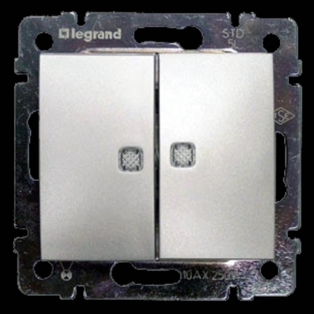Выключатель 2-клавишный Legrand VALENA, с подсветкой, скрытый монтаж, алюминий, 770128