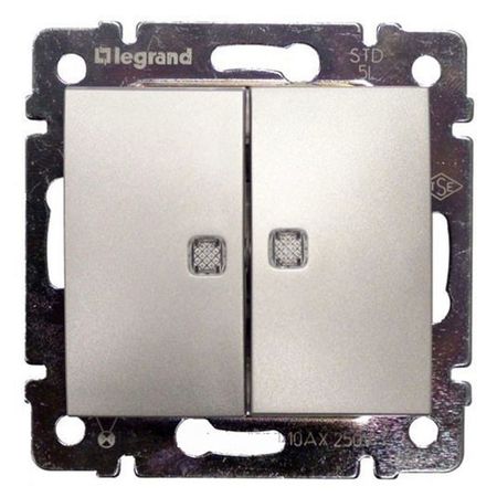 Выключатель 2-клавишный Legrand VALENA, с подсветкой, скрытый монтаж, алюминий, 770213