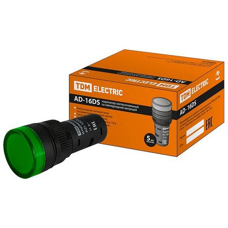 Лампа сигнальная TDM AD-16DS, 16мм, 24В, AC/DC, Зеленый, SQ0702-0058
