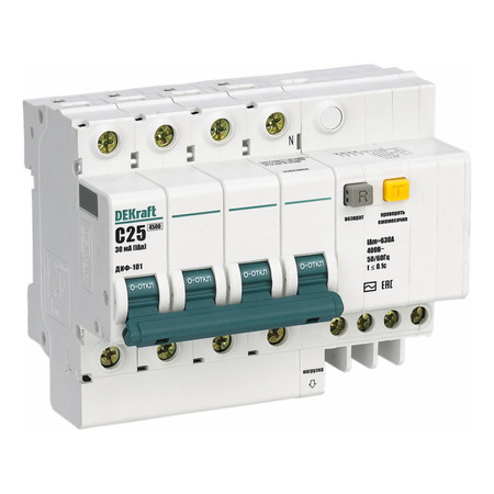 Дифавтомат DEKraft ДИФ-101 3P 10А (D) 4.5кА 100мА (AC), 15112DEK