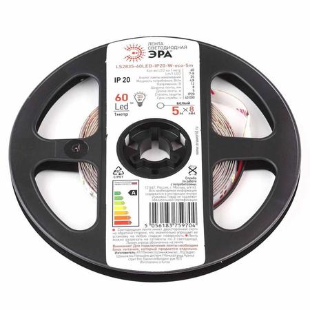 Светодиодная лента ЭРА 4,8W/m 60LED/m 2835SMD белый 5M LS2835-60LED-IP20-W-eco-5m, LS2835-60LED-IP20-W-eco-5m Б0035586