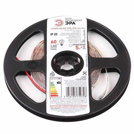 Светодиодная лента ЭРА 4,8W/m 60LED/m 2835SMD теплый белый 5M LS2835-60LED-IP20-WW-eco-5m, LS2835-60LED-IP20-WW-eco-5m Б0035587