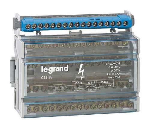 Клеммная колодка IP 2X - нейтраль - синяя - 1 x 6-25 мм² - 21 x 1,5-16 мм² - длина 141 мм, 004845