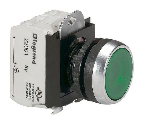 Кнопка с потайным толкателем ∅ 22,3 - Osmoz - в сборе - с подсветкой - зеленый - 24 В~//=, 023752