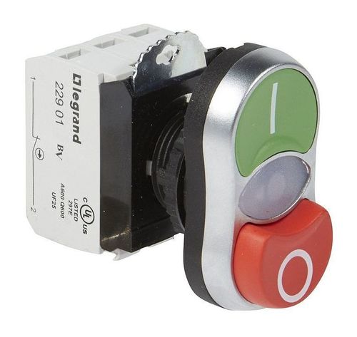 Кнопка двойная с потайн.//выступ. I - O толкателями ∅ 22,3 - Osmoz - в сборе - с подсветкой - зел, 023765