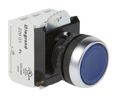 Кнопка с потайным толкателем ∅ 22,3 - Osmoz - в сборе - с подсветкой - синий - 24 В~//=, 023753