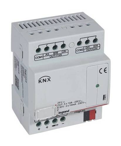 KNX. Контроллер управления фанкоилами 0-10В (3 скорости вентилятора, 2 клапана 0-10В) . DIN 4 модуля, 049041