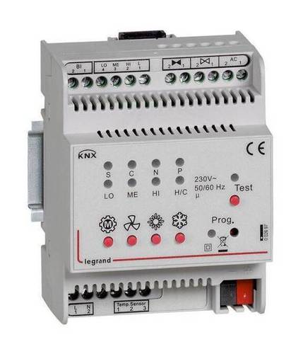 KNX. Контроллер управления фанкоилами ON-OFF (3 скорости вентилятора, 2 клапана ON-OFF, доп.бинарный вход). DIN 4 модуля, 002697