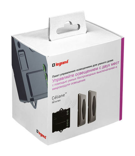 Коллекция умных устройств Celiane with NETATMO. Пакет для управления освещением c 2-х мест. Микромодуль реле 300 Вт 240В + два умных беспроводных 1-клавишных выключателя. Цвет Графит. Рамки Вольфрам., 067627