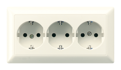 Розетка трехместная JUNG, скрытый монтаж, с заземлением, слоновая кость, AS523