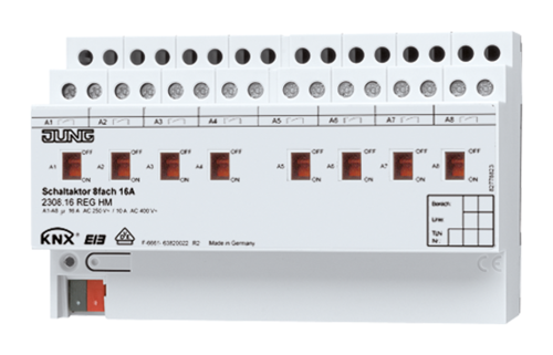 JUNG KNX Актор 8-ми канальный 220V AC 16 A возм ручн упр DIN-рейка, 2308.16REGHM