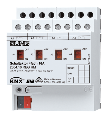 JUNG KNX Актор 4-х канальный 220V AC 16 A возм ручн упр DIN-рейка, 2304.16REGHM