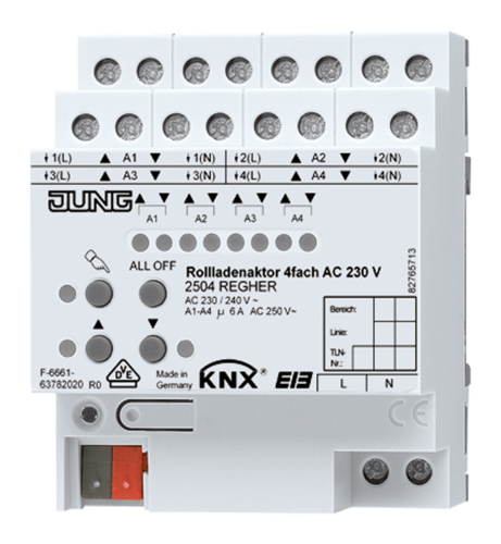 JUNG KNX Актор жалюзи, 4-канальная AC 230V, 2504REGHER