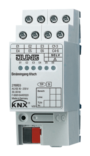 JUNG KNX Бинарный вход 6-ти канальный 24V AC/DC DIN-рейка, 2116REG