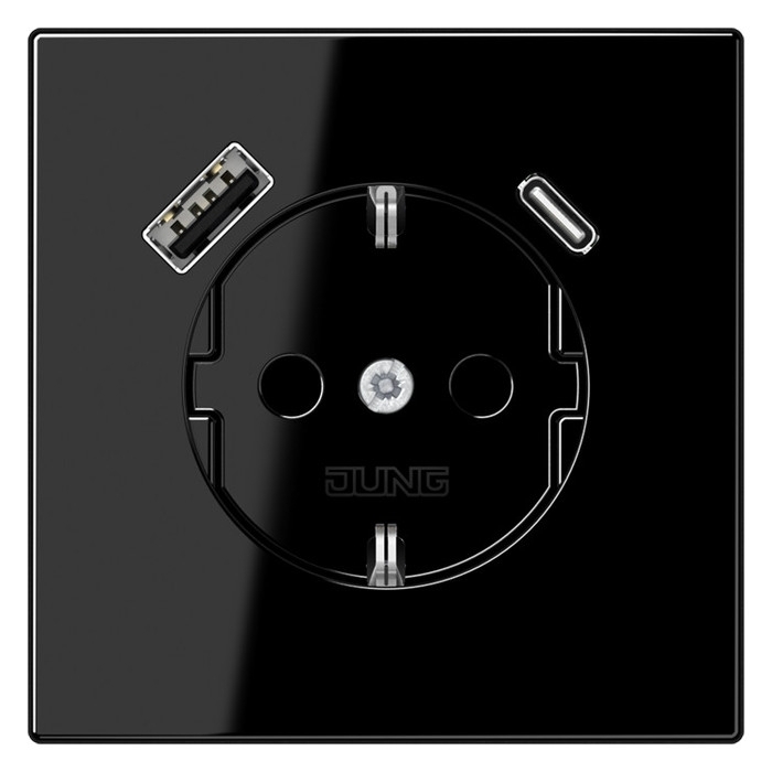 Розетка с USB Jung LS 990, скрытый монтаж, с заземлением, черный, LS1520-15CASW