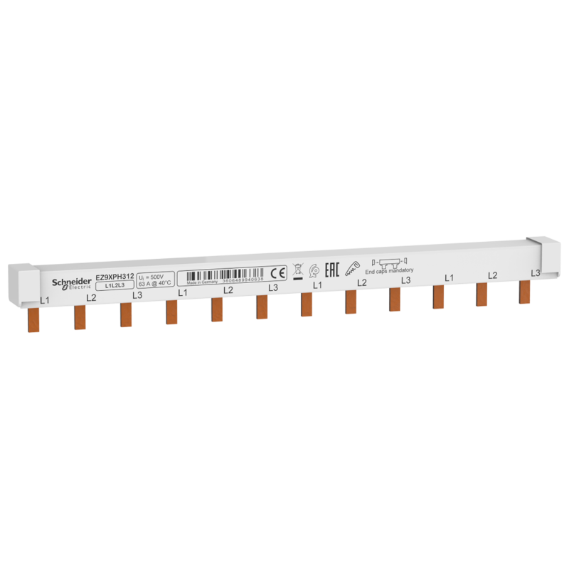 ШИНКА ГРЕБЕНЧАТАЯ 3П (L1L2L3) 12МОД ШАГ 18ММ 63А РАЗРЕЗАЕМАЯ, EZ9XPH312