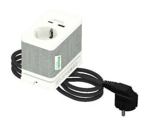 US+Блок розеточный с зажимом, с 1 розеткой (2К+З) и 2 зарядками USB (A+C) БЕЛЫЙ, INS44050