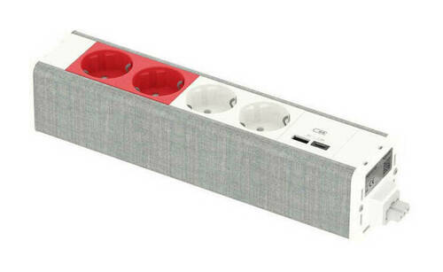 Unica System+ Блок 2хРозетка БЕЛАЯ+2хРозетка КРАСНАЯ+2хUSB A//C БЕЛЫЙ//СЕРАЯ ТКАНЬ, INS44246