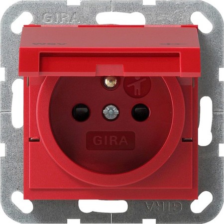 Розетка Gira SYSTEM 55, скрытый монтаж, с заземлением, с крышкой, со шторками, красный, 048602