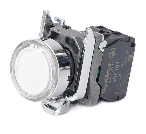 Кнопка SB4 с подсветкой в сборе модульная 22мм белая металл 24ВDC 1НО, SB4BW31B1