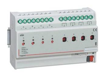 KNX. Контроллер освещения 4 канала 1-10В//4 канала реле 16А. DIN 8 модулей.